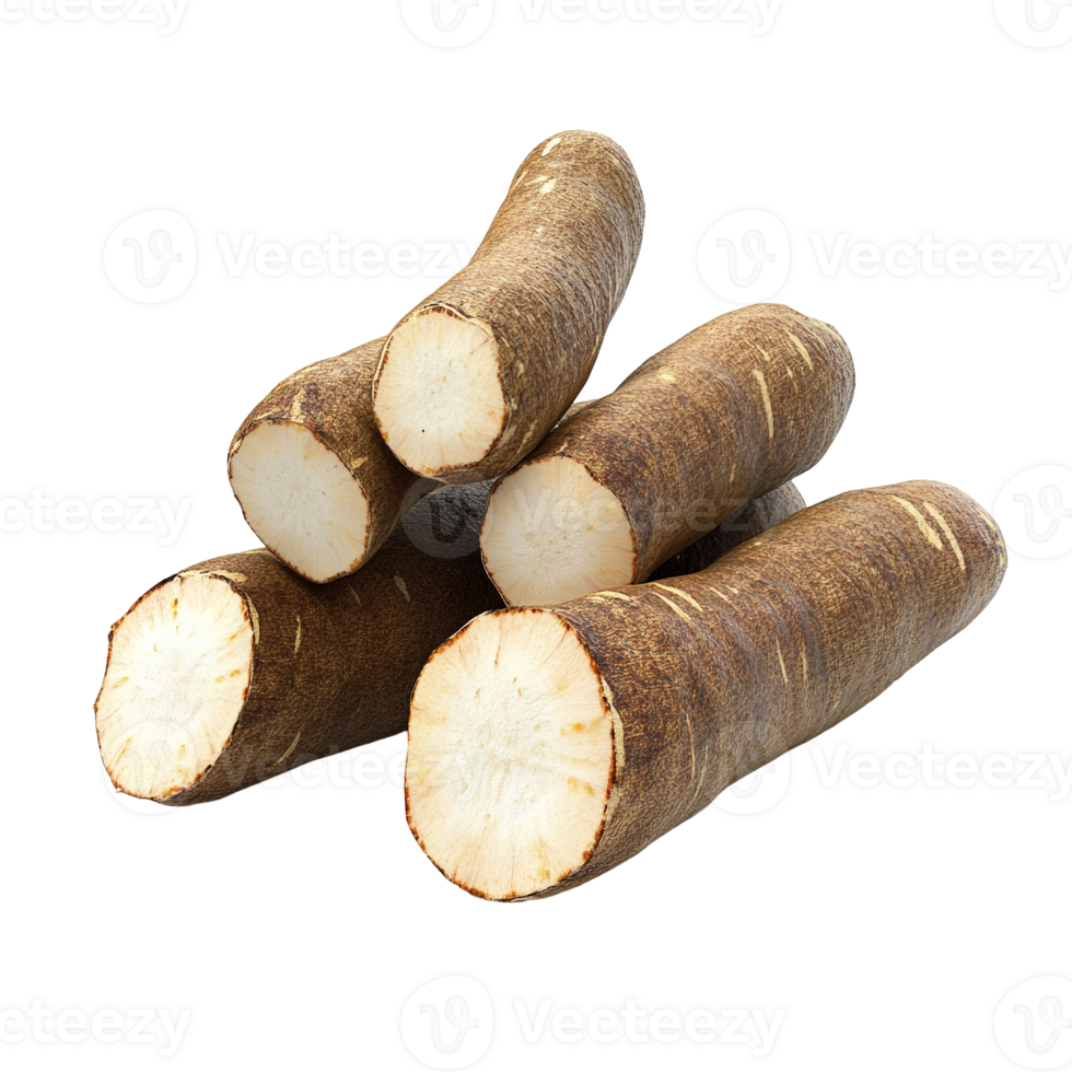 Five pieces of yam tubers arranged isolated on transparent background. png