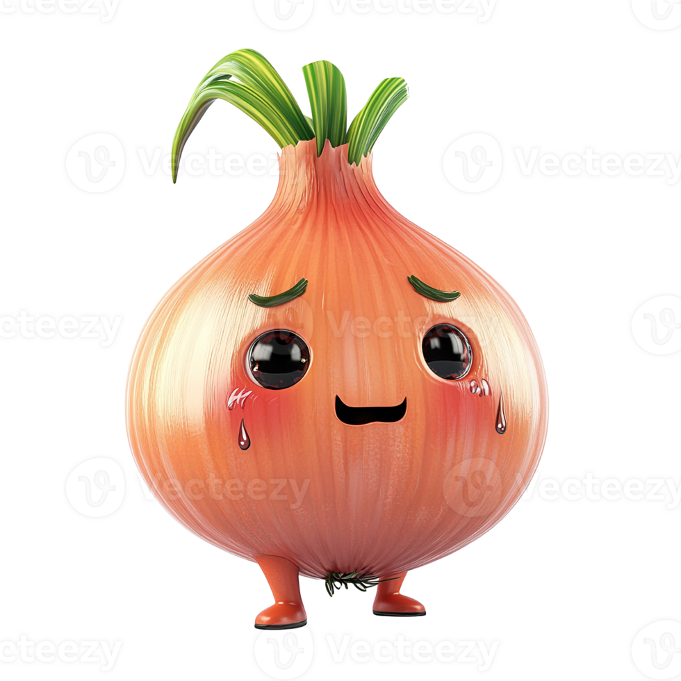 A cute cartoon onion with eyes and tears is standing alone png