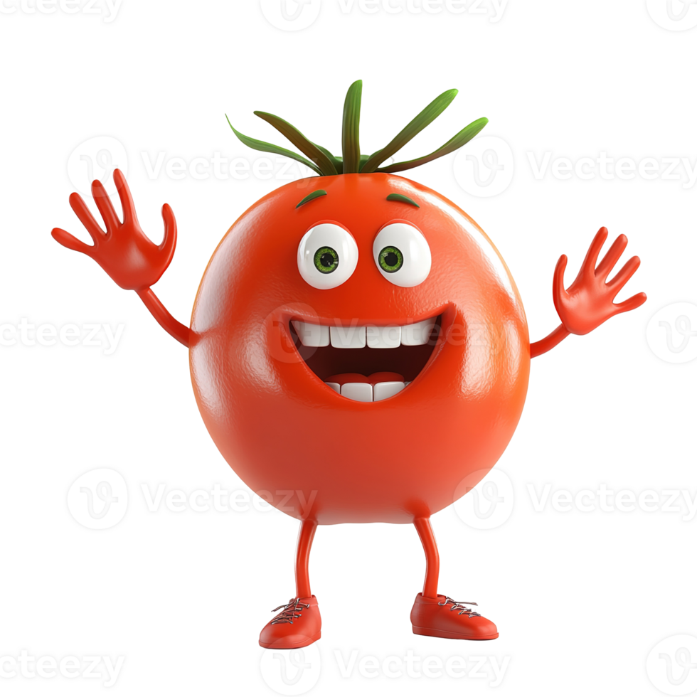 A smiling tomato character cheerfully poses with outstretched arms and legs png