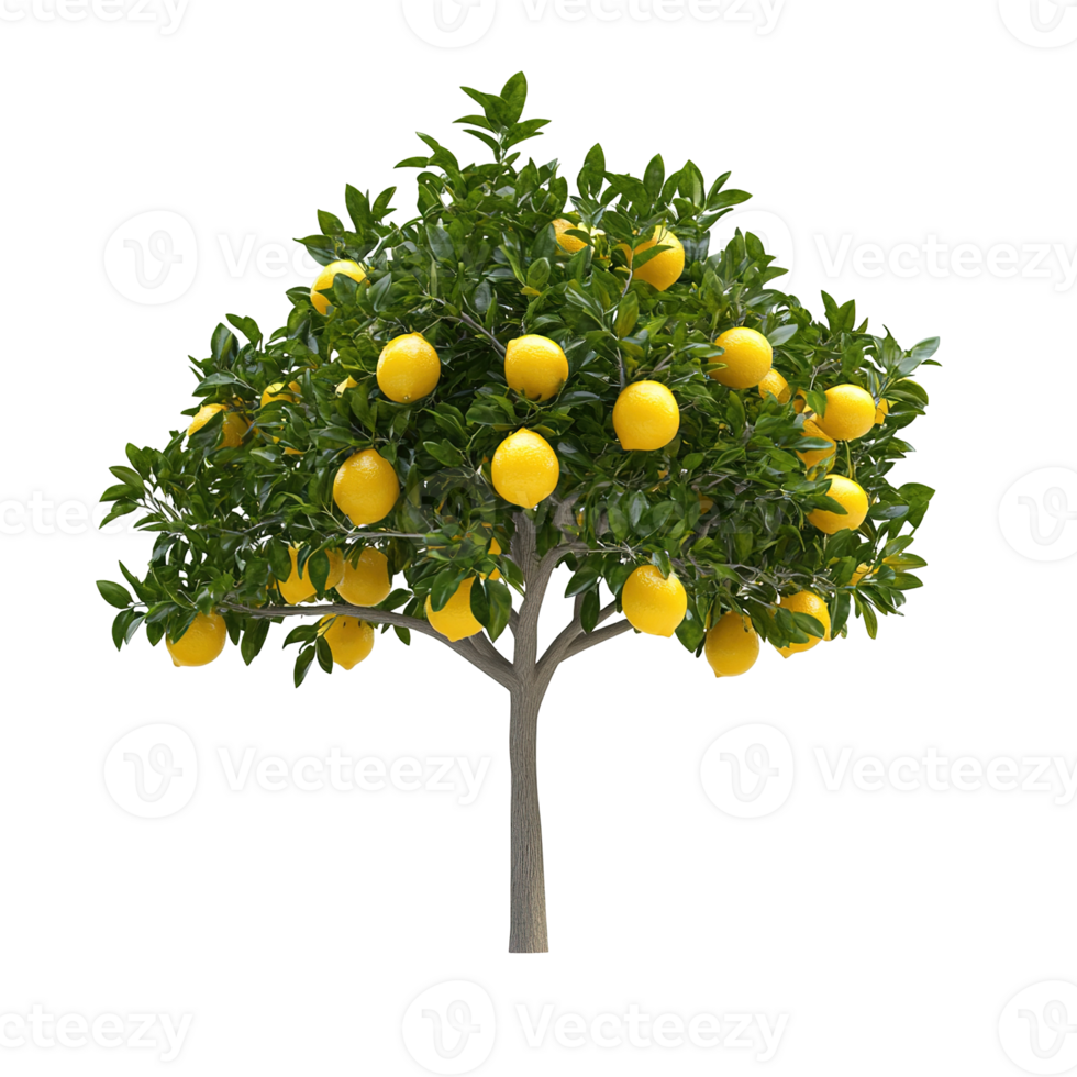 A lush green tree adorned with many ripe yellow lemons png