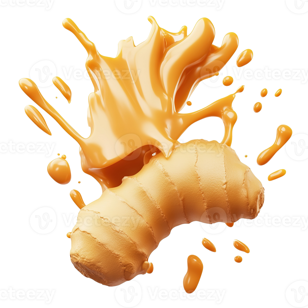 A ginger root with caramel sauce in an artistic splash design png