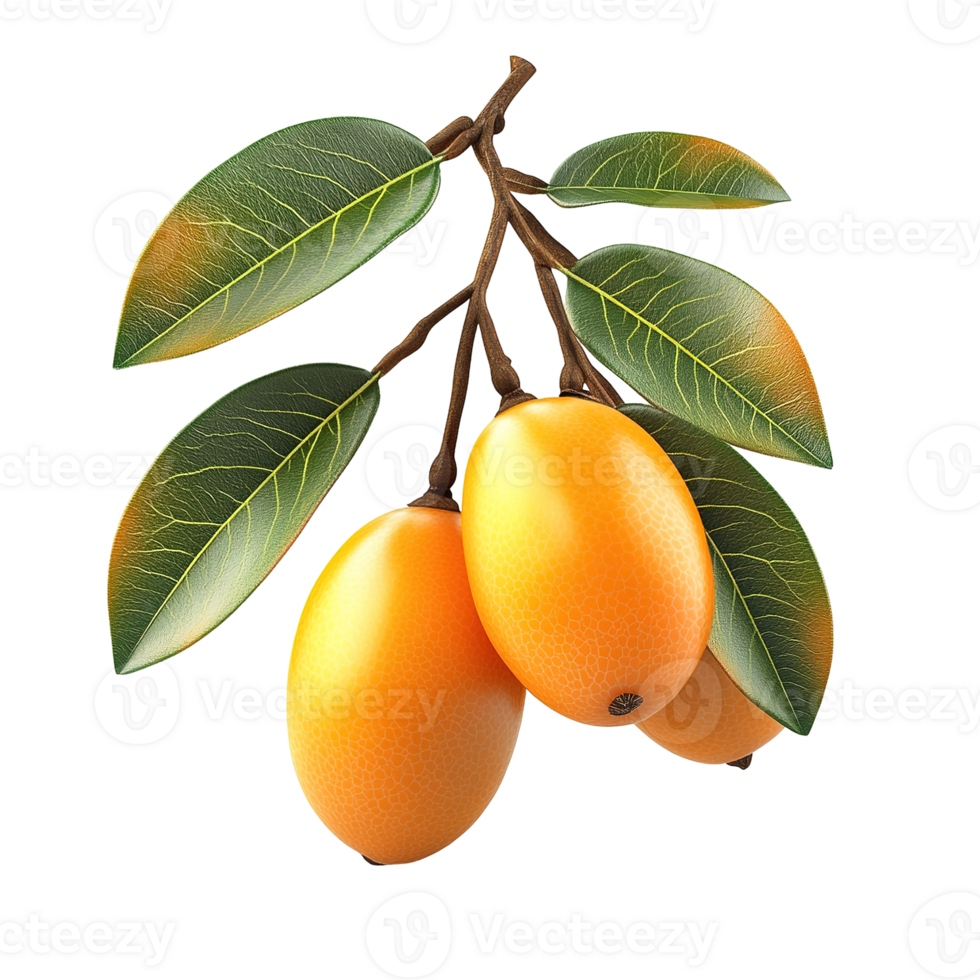 Three ripe and colorful fruits are hanging on a leafy branch png