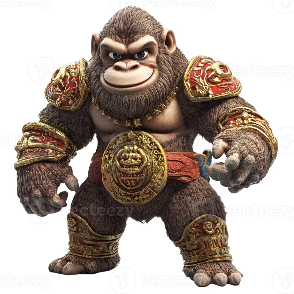 A strong monkey wearing ornate red and golden armor poses confidently png