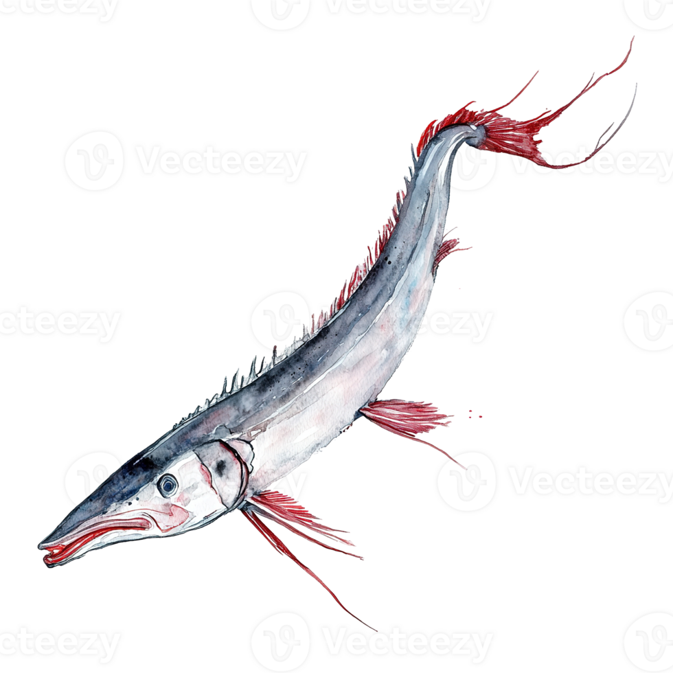 A watercolor illustration depicts a slender fish with red fins png