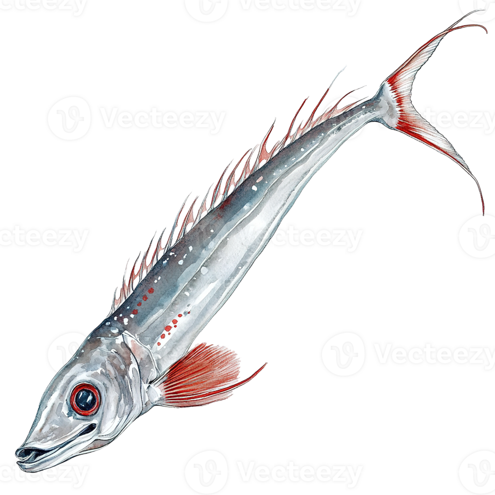 A stylized watercolor illustration of a slender fish in profile png