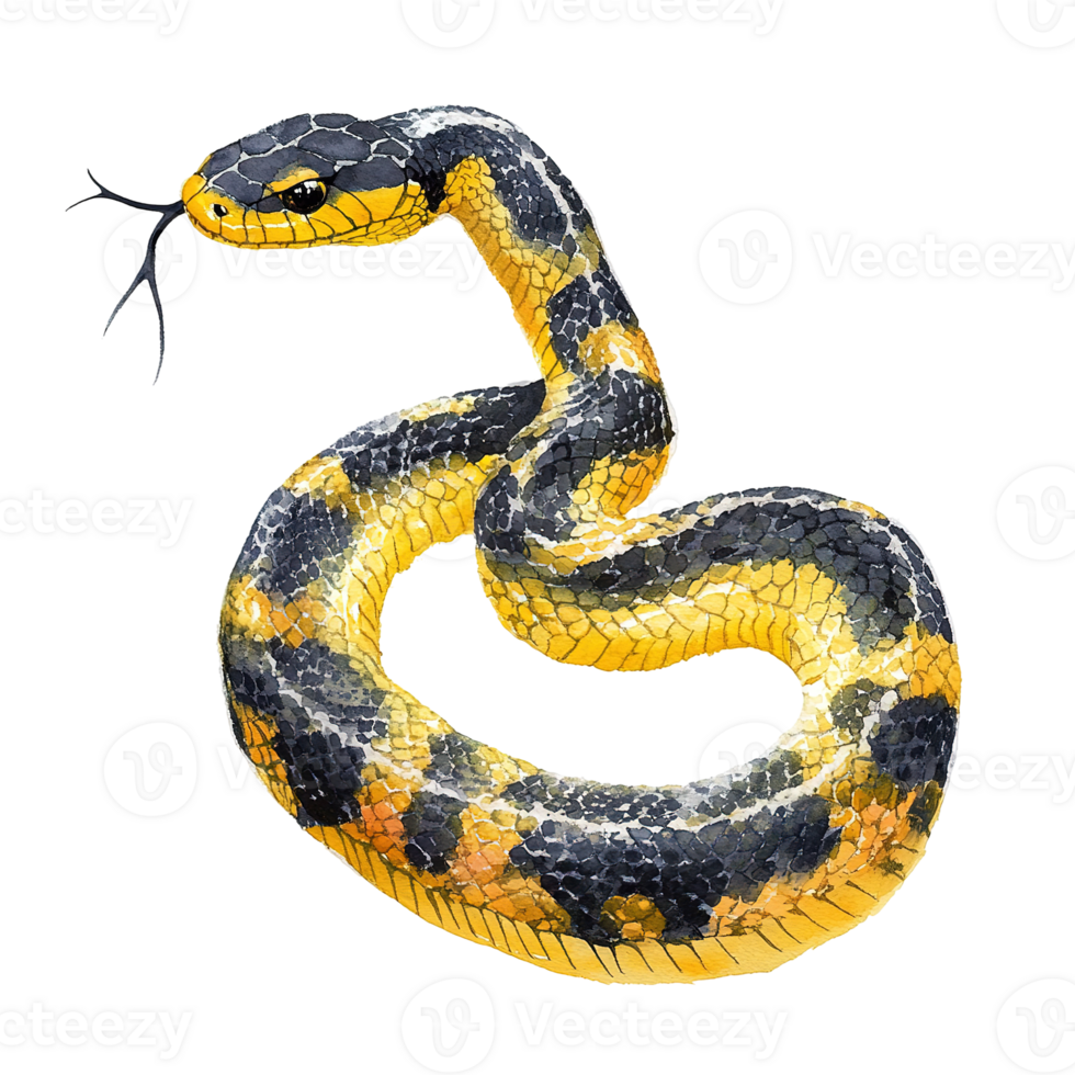 A vibrantly colored snake coiled up with its tongue extended out png