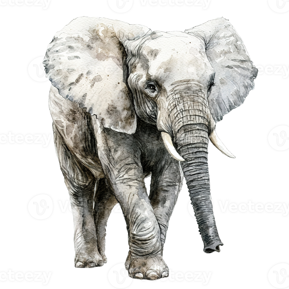 A large gray watercolor elephant walking towards the viewer directly png