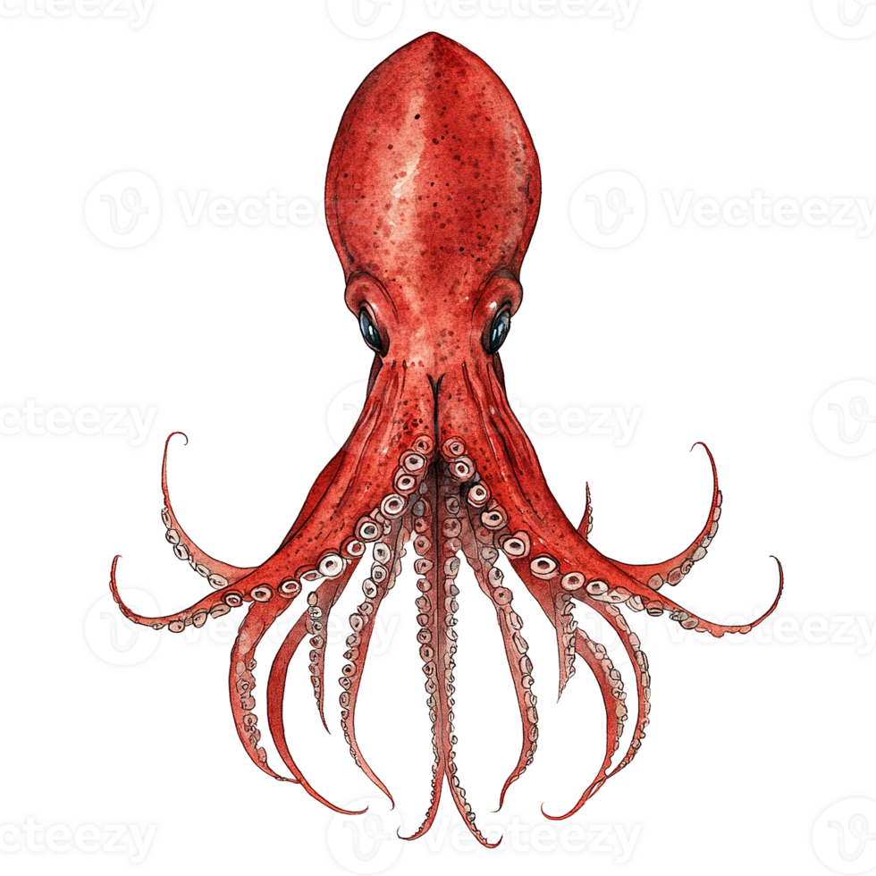 A detailed watercolour depiction of a red coloured octopus png