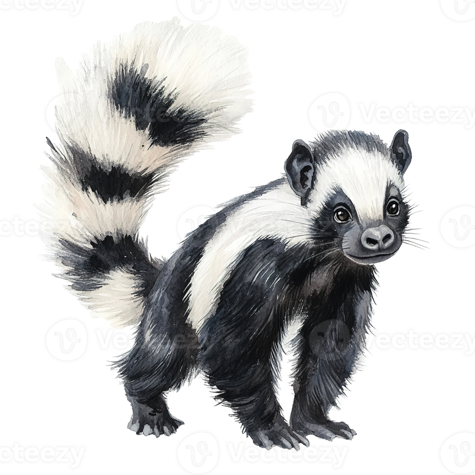 A Watercolor Painting Illustrates a Striped Skunk on Display png