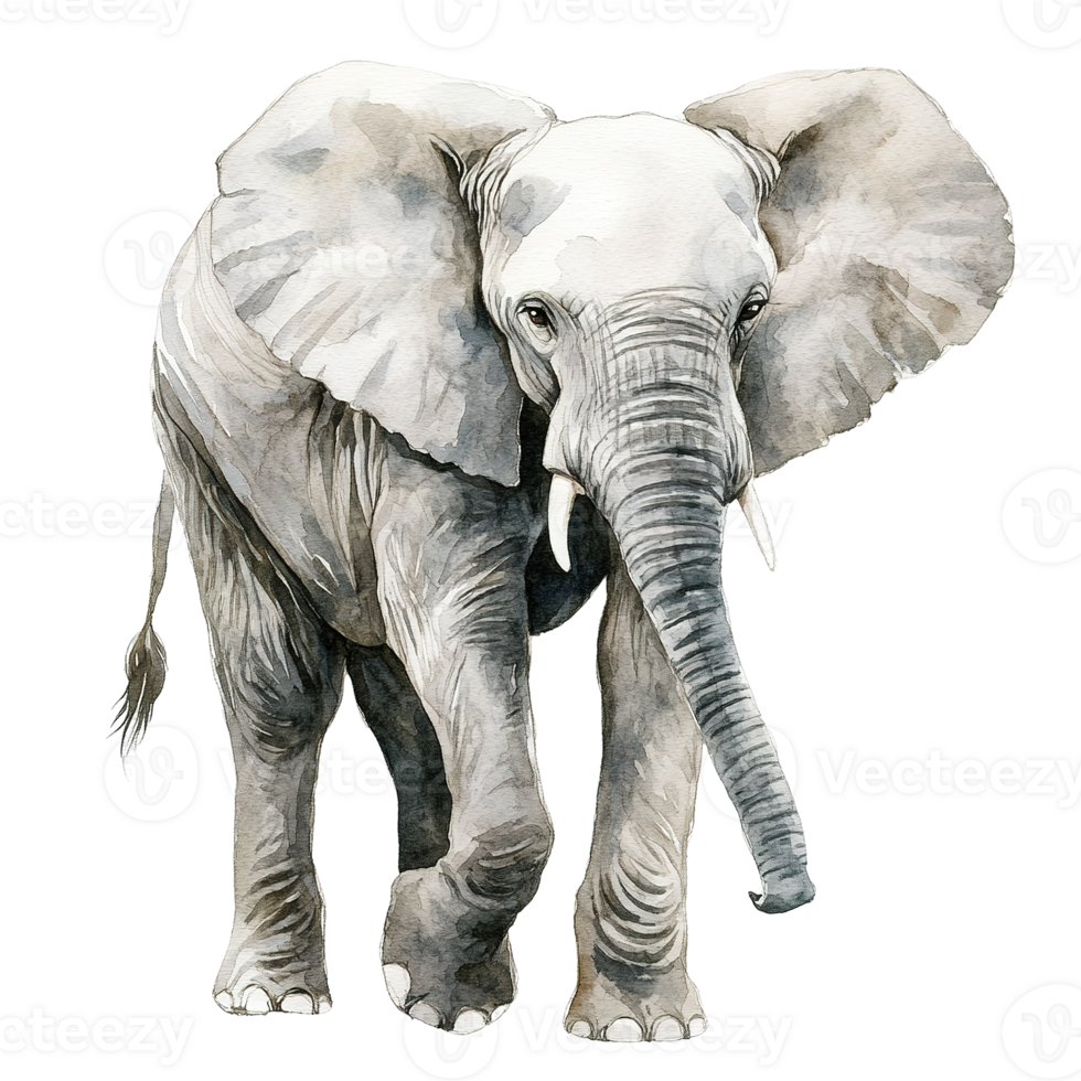 A large grey watercolor painting of an elephant walking forward png