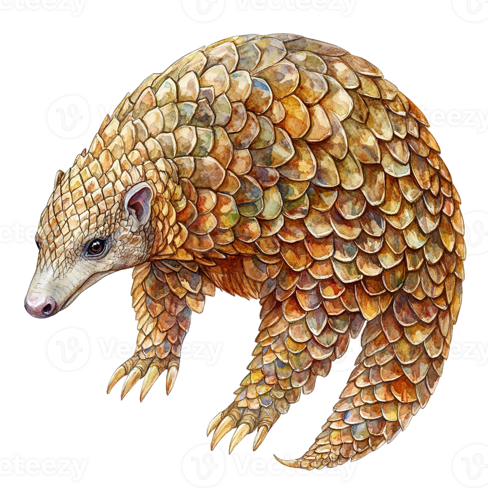 A watercolor illustration of a scaled pangolin with its sharp claws png