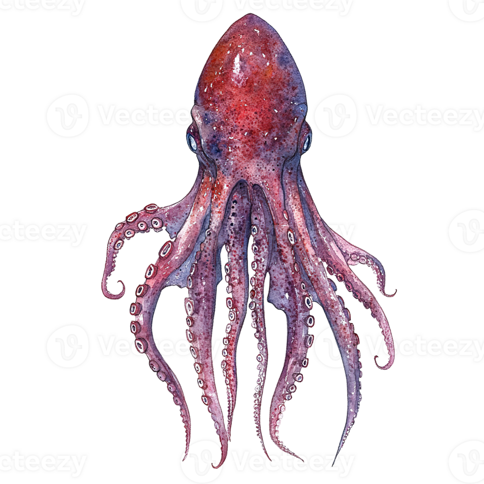 A watercolor illustration depicting a vibrant octopus with long tentacles png