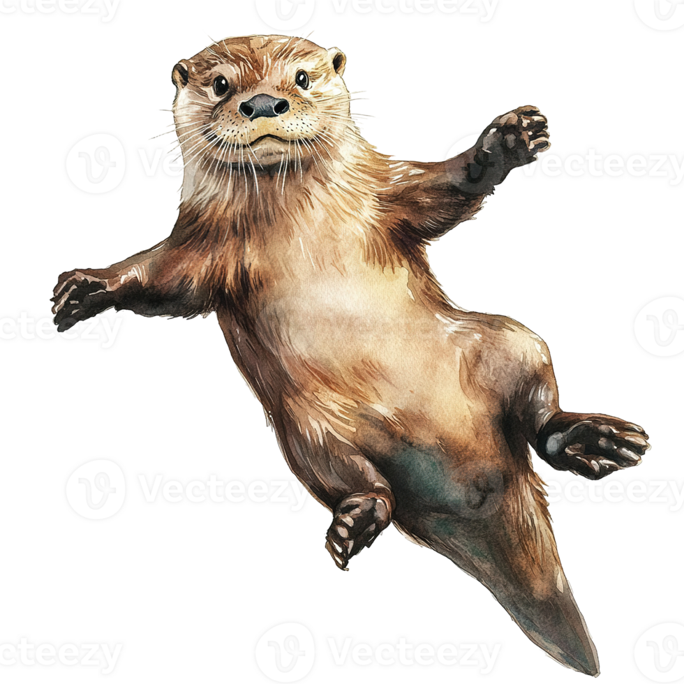 A Fluffy Brown River Otter Watercolor Painting isolated on transparent background. png