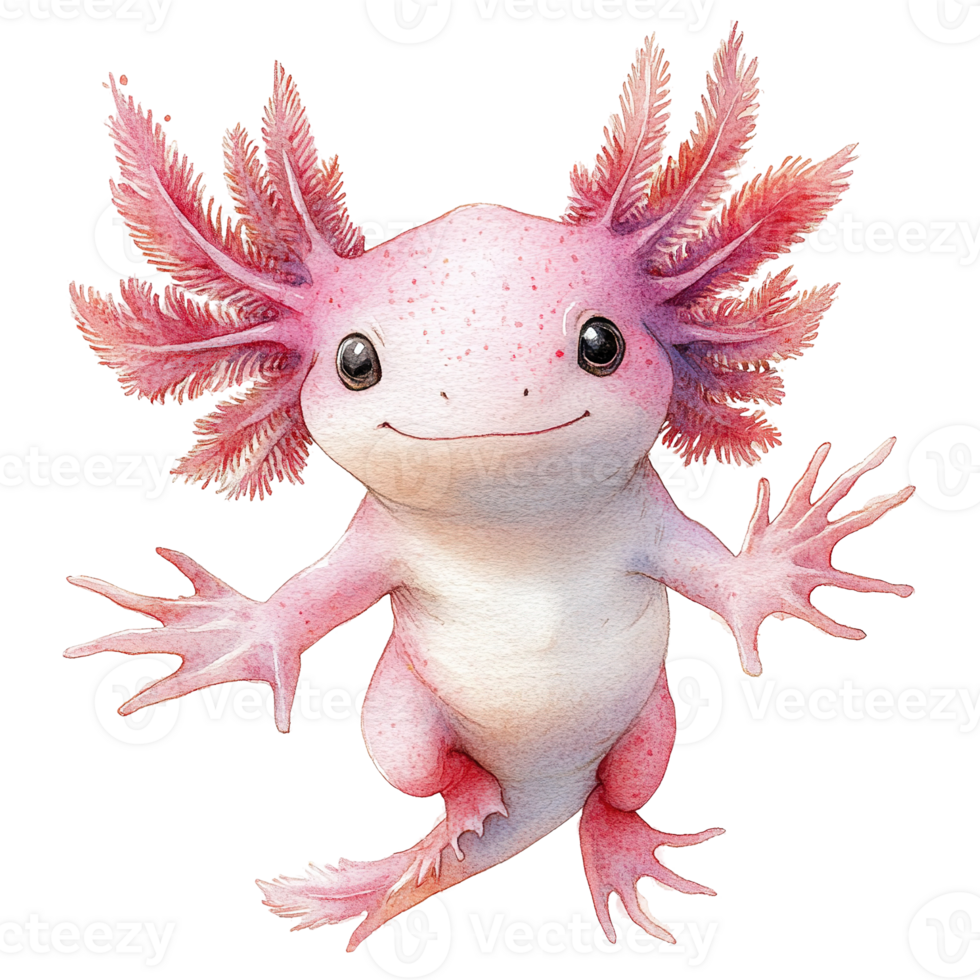 An adorable pink axolotl with frills and smiling broadly at viewer png