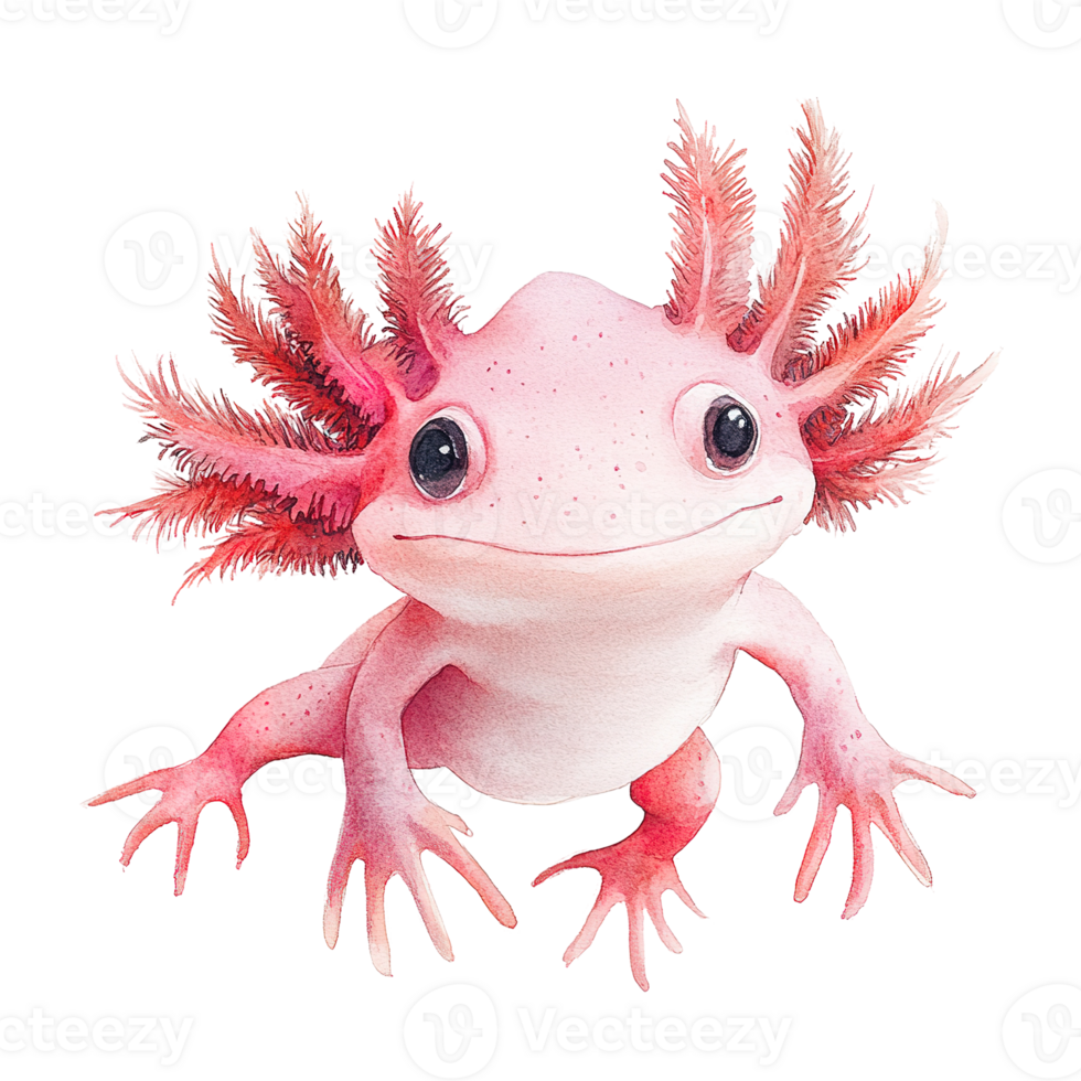 An adorable pink axolotl with large eyes is looking directly forward png