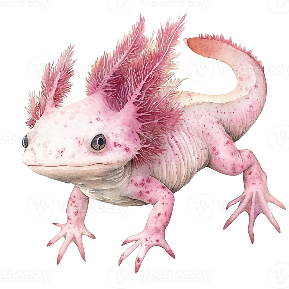 An artistic watercolor illustration depicts a pink axolotl amphibian creature png