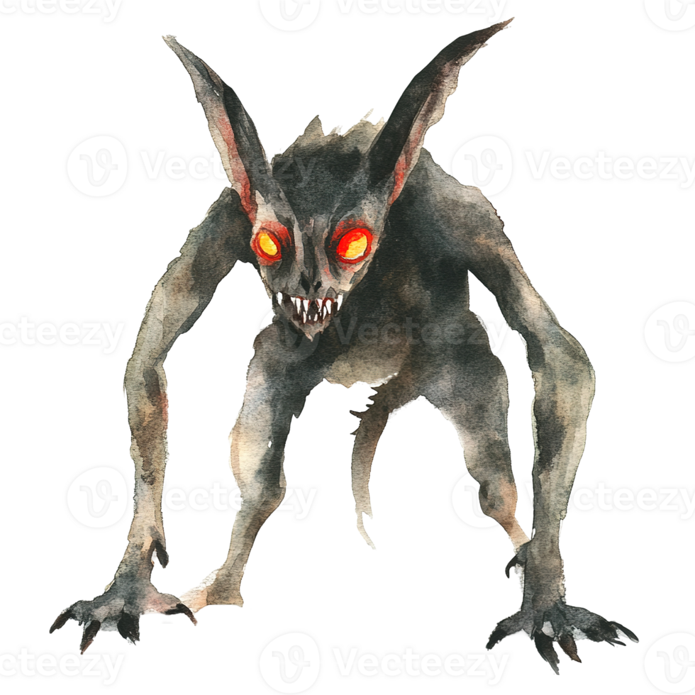 A watercolor painting depicts a menacing creature with glowing eyes png