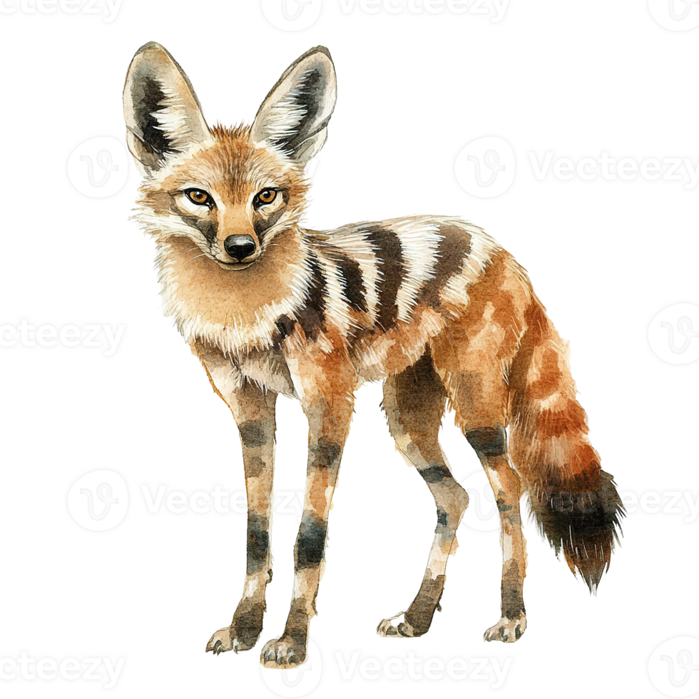 Watercolor painting depicts a bat eared fox standing and looking forward png