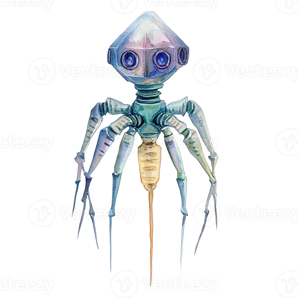 A stylized drawing of a robotic creature with multiple arms png