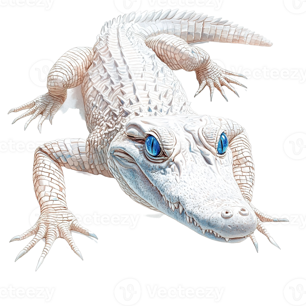A strikingly rendered illustration of a white alligator with piercing blue eyes png