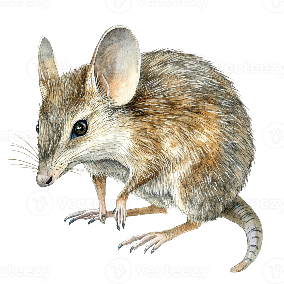 Watercolor painting depicts a small mammal with large ears and whiskers png
