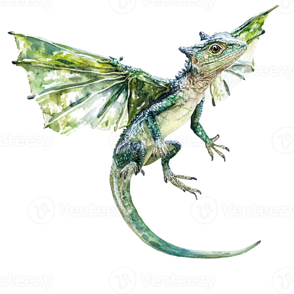 An artistic watercolor painting of a flying mythical reptilian creature png