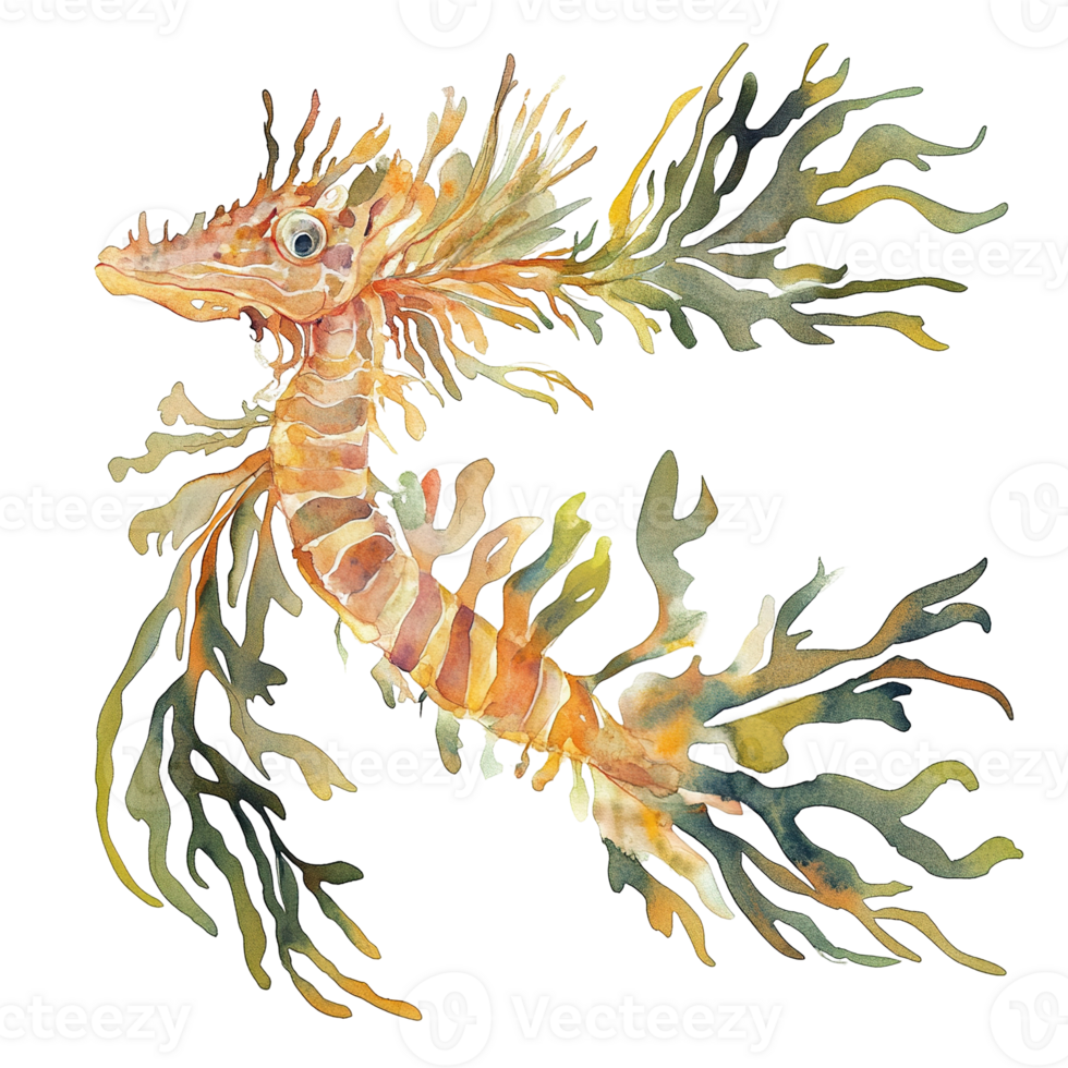 An artistic watercolor illustration of a leafy seadragon underwater creature png