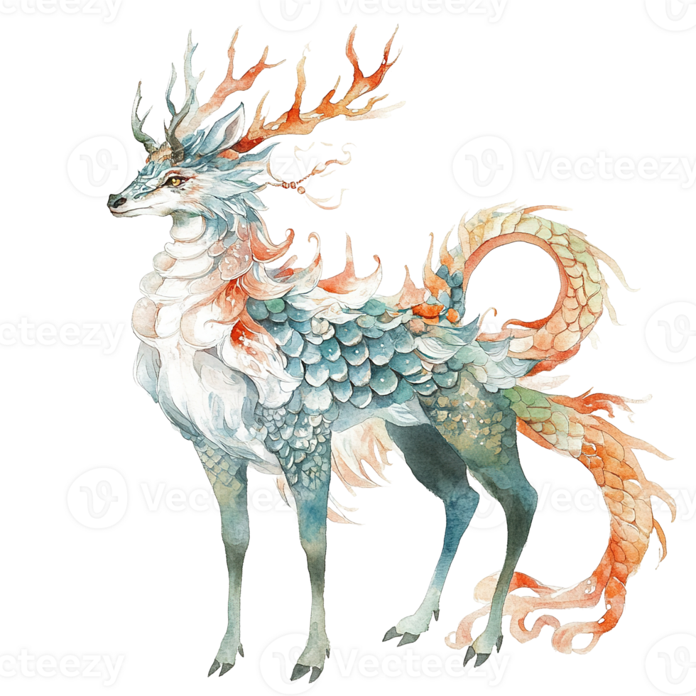 An artistic watercolor painting depicting a mythical creature with antlers png
