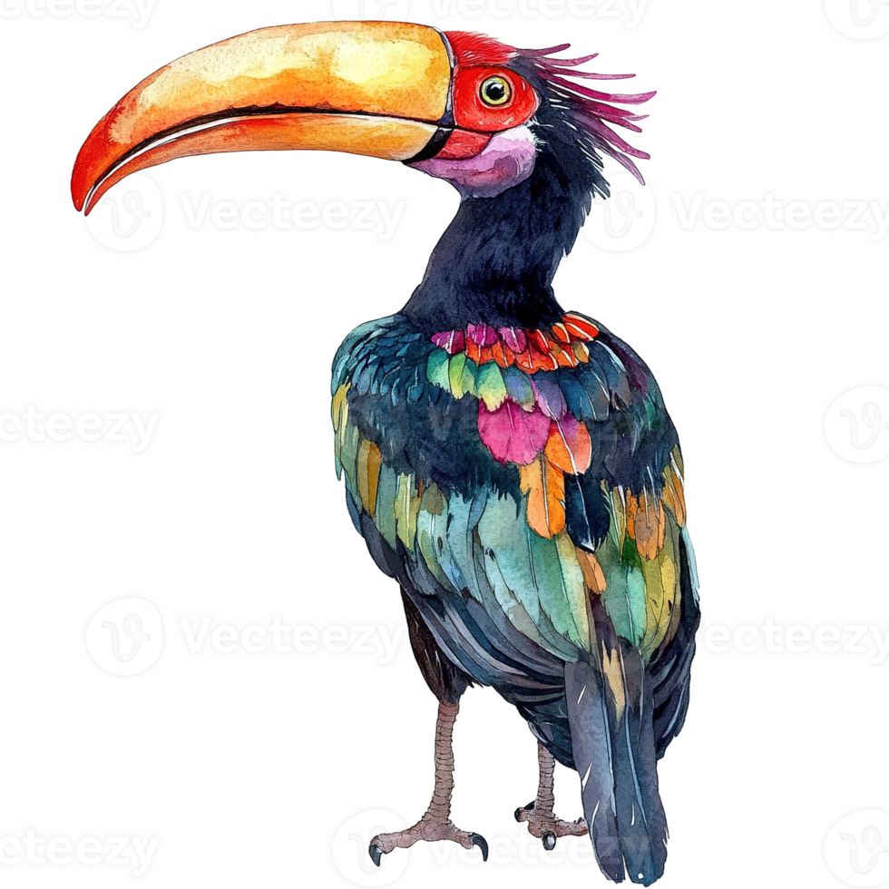 An artistically rendered colorful bird with an oversized beak is shown png