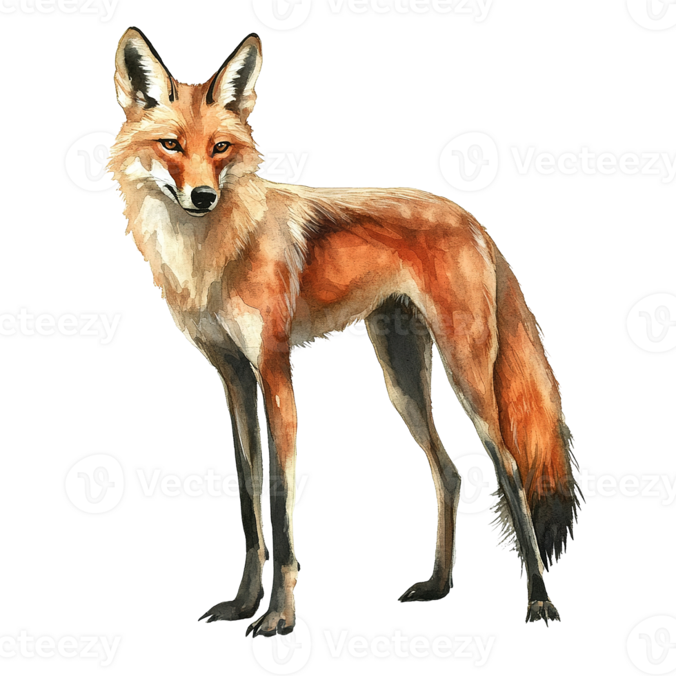 A watercolor painting depicts a standing fox in profile png