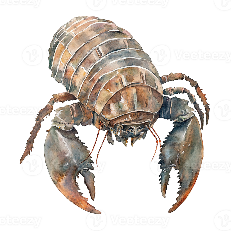 A detailed watercolor illustration of a crustacean creature closeup png