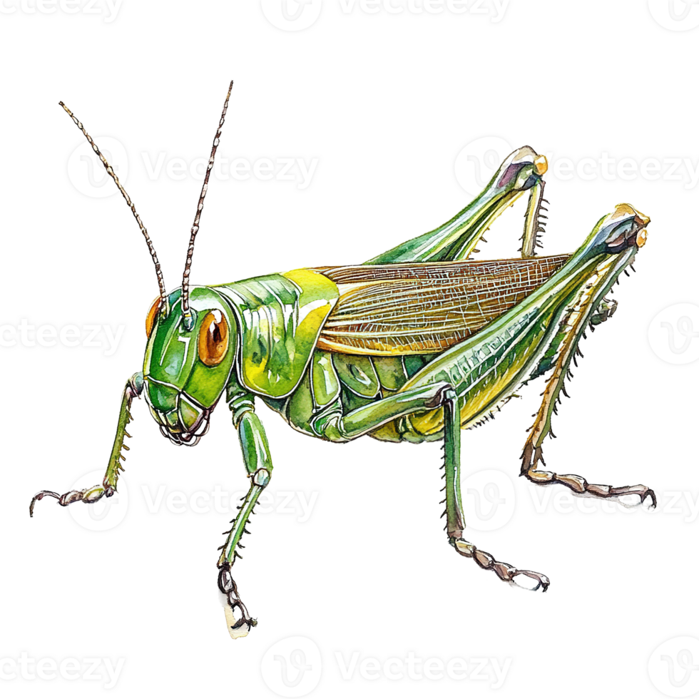 Detailed green grasshopper illustration showing the insect in side profile png