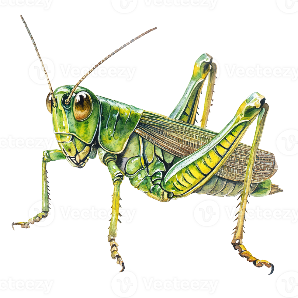 A detailed artistic painting of a green grasshopper insect creature png