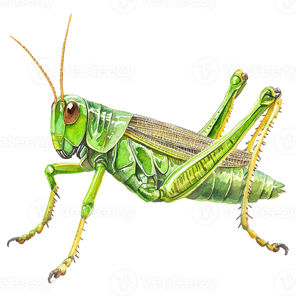 A vibrant green grasshopper illustration shows intricate details and textures png