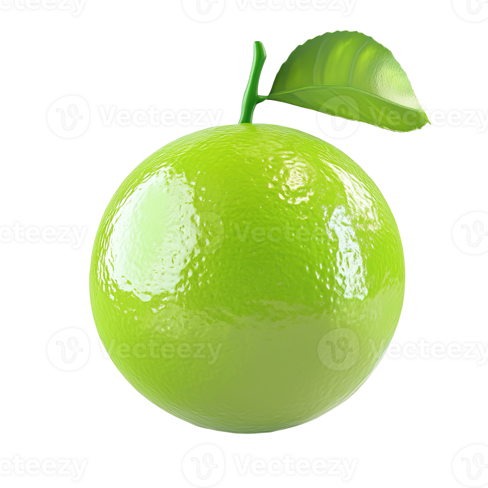 A bright green citrus fruit with attached stem and leaf png