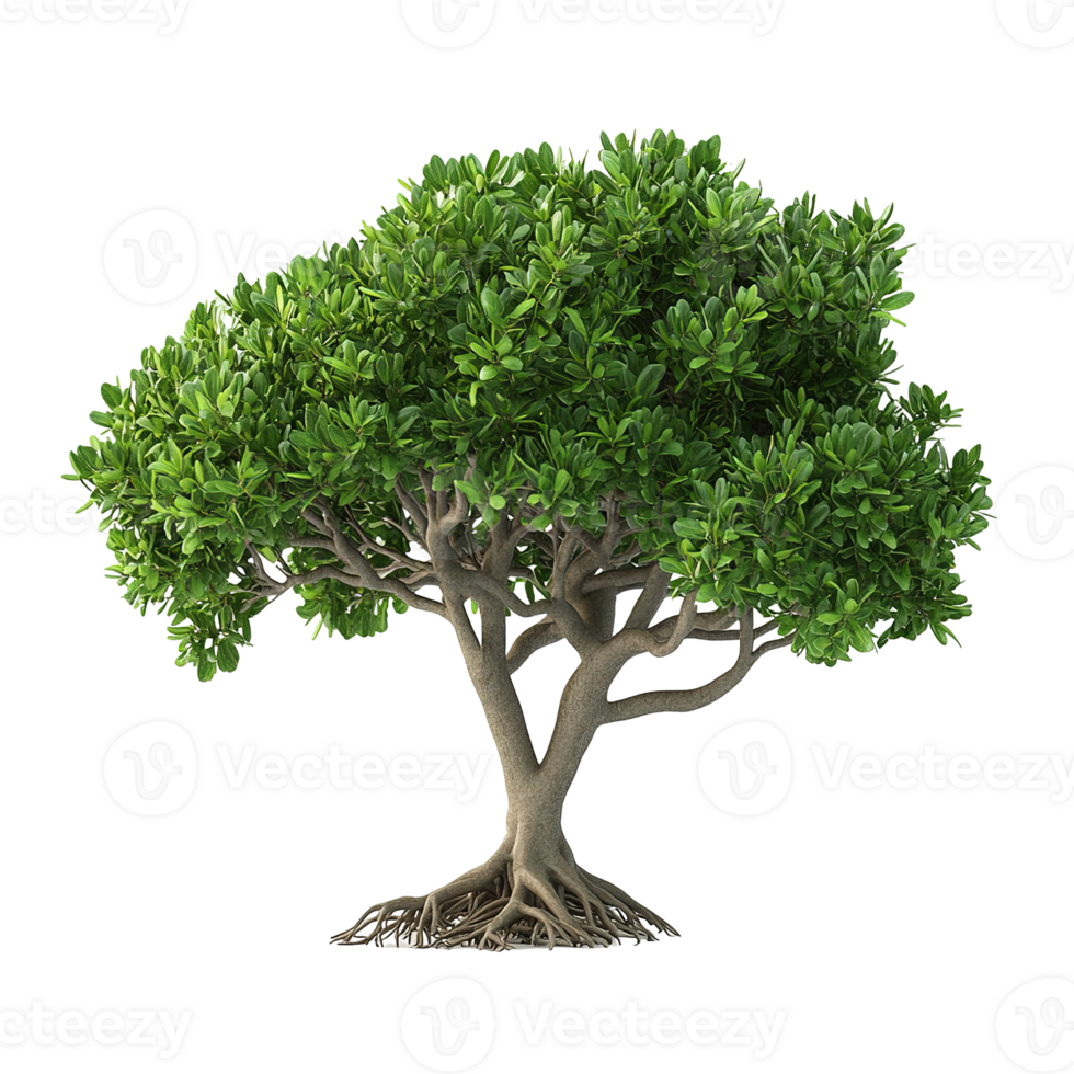 A detailed view of a lush green leafy tree with roots png