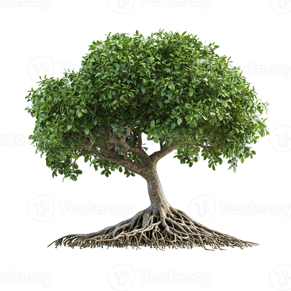 A beautiful tree displays its leaves and exposed root system clearly png