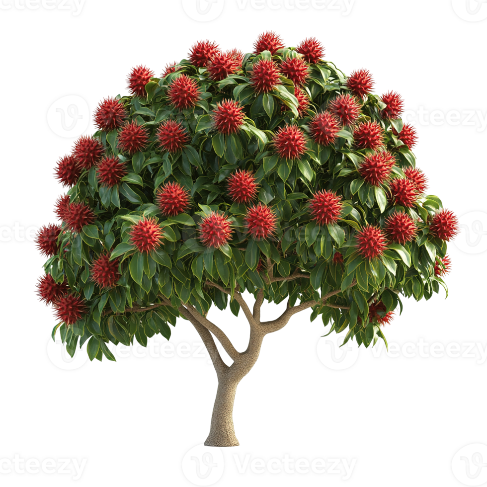 A tree adorned with vibrant green foliage and red spherical blooms png