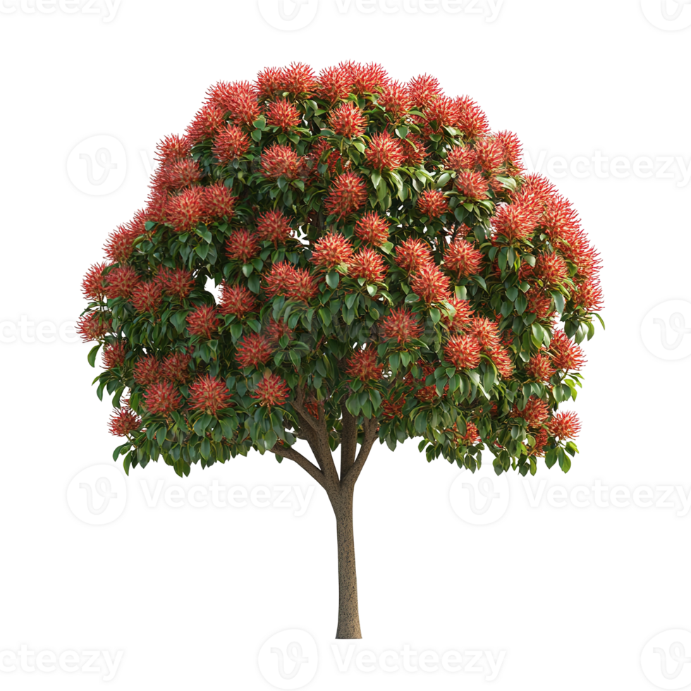 The vibrant tree with many green leaves and red flowers png