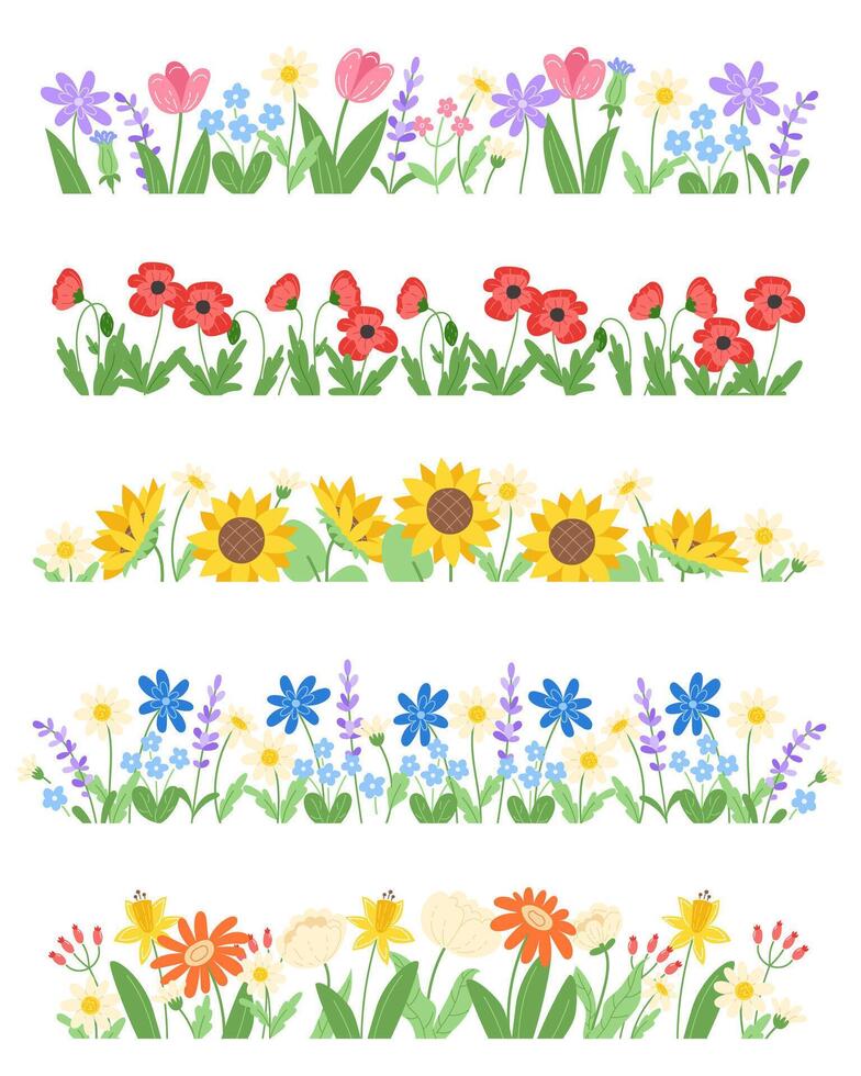 Set of floral borders with colorful wildflowers. Botanical decoration with spring and summer flowers on a green meadow. Flat-style illustration isolated on a white background vector