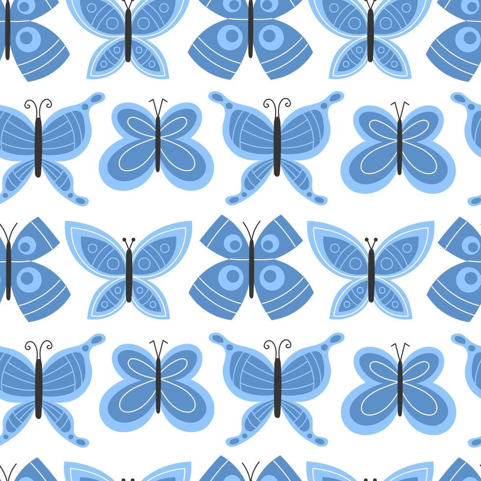 Seamless Pattern of Bright Spring Butterflies in Blue Colors on White Background in Flat Style vector