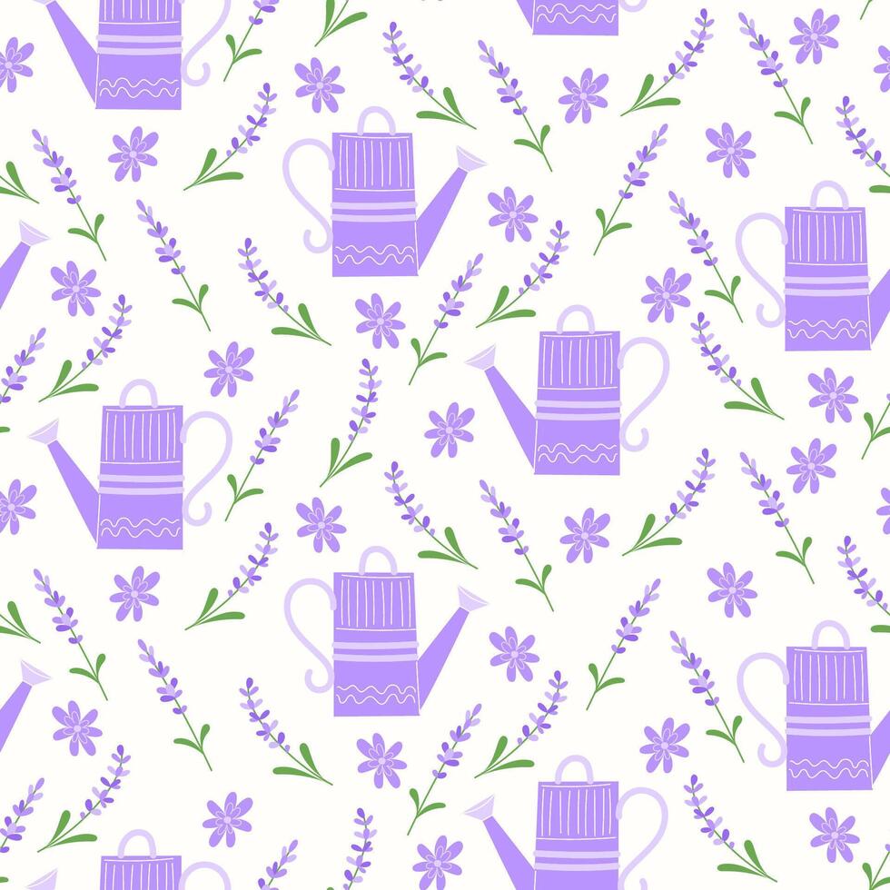 Seamless Pattern with Purple Garden Watering Can, Geometric Design, and Lavender Branches with Purple Flowers on a White Background vector