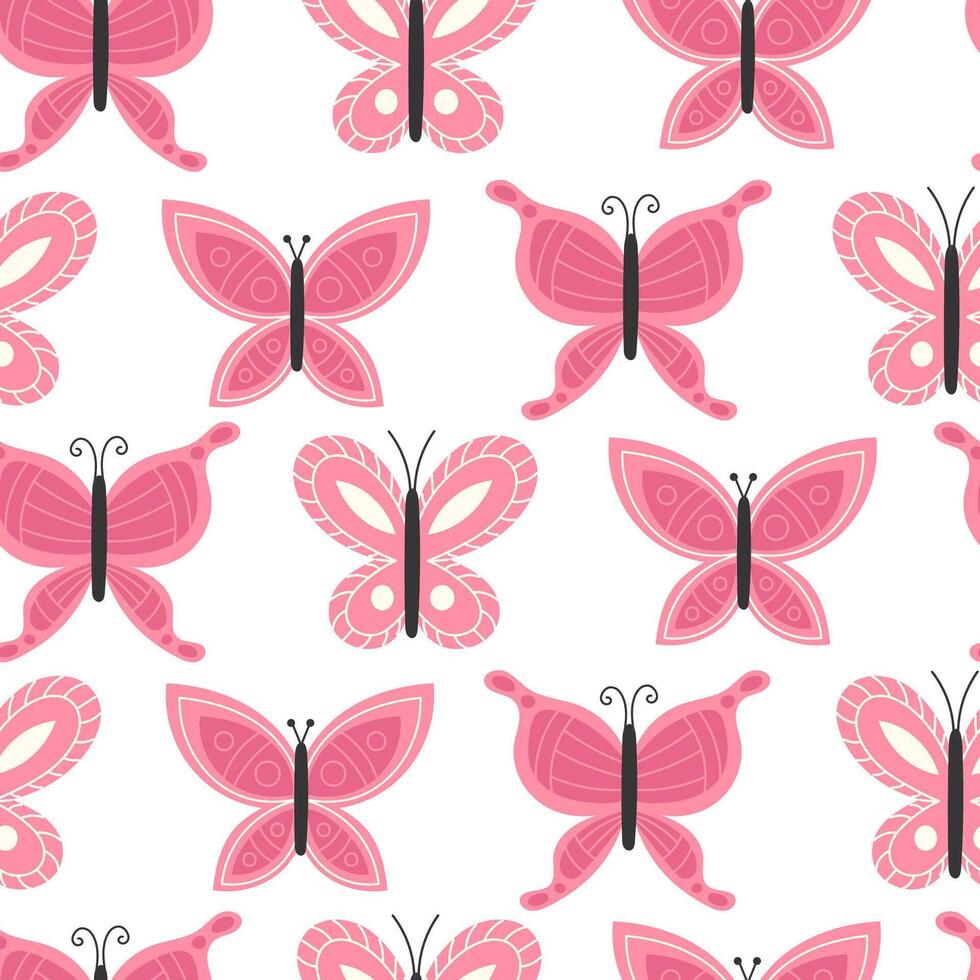 Seamless Pattern of Bright Spring Butterflies in Pink Colors on White Background in Flat Style vector