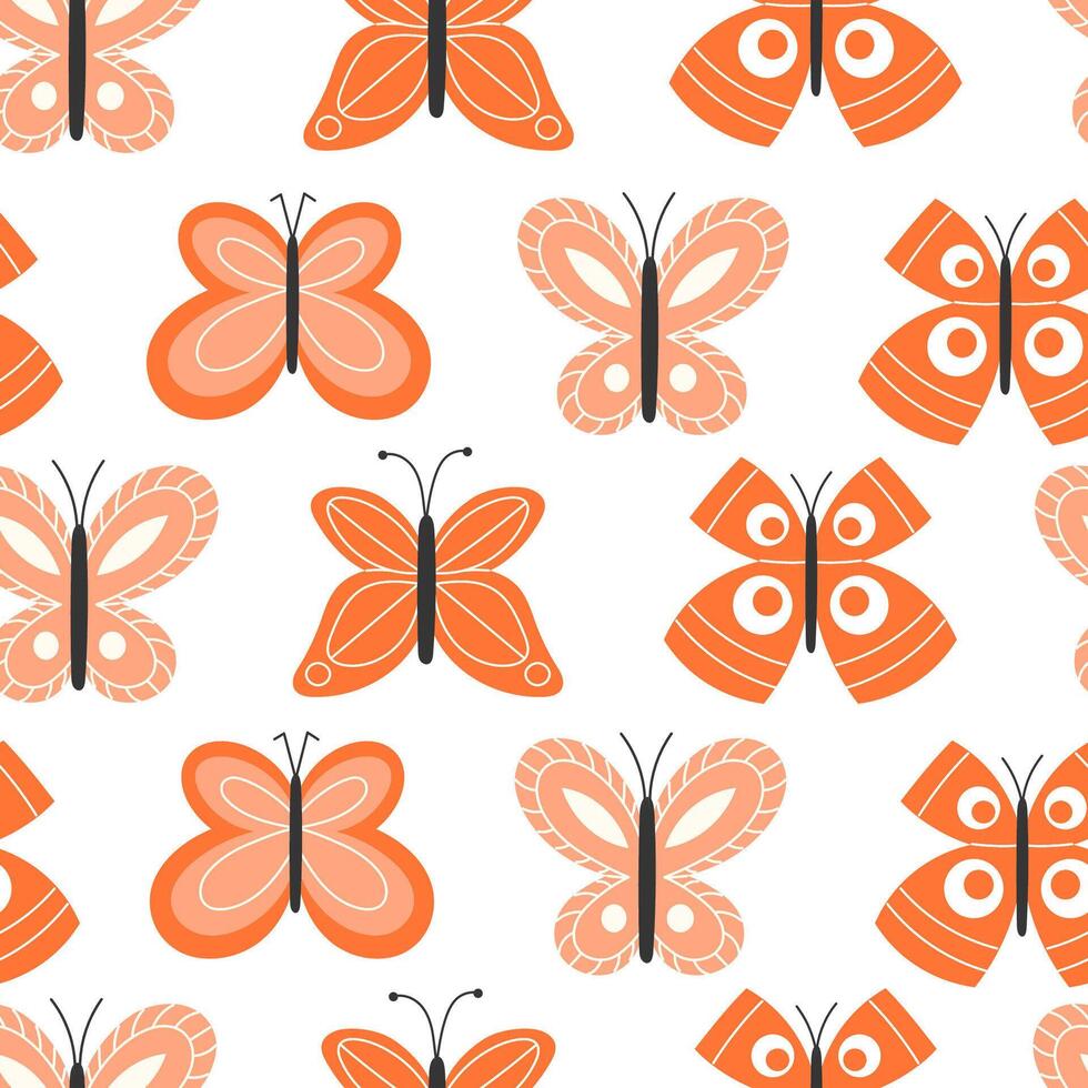 Seamless Pattern of Bright Spring Butterflies in Orange Colors on White Background in Flat Style vector