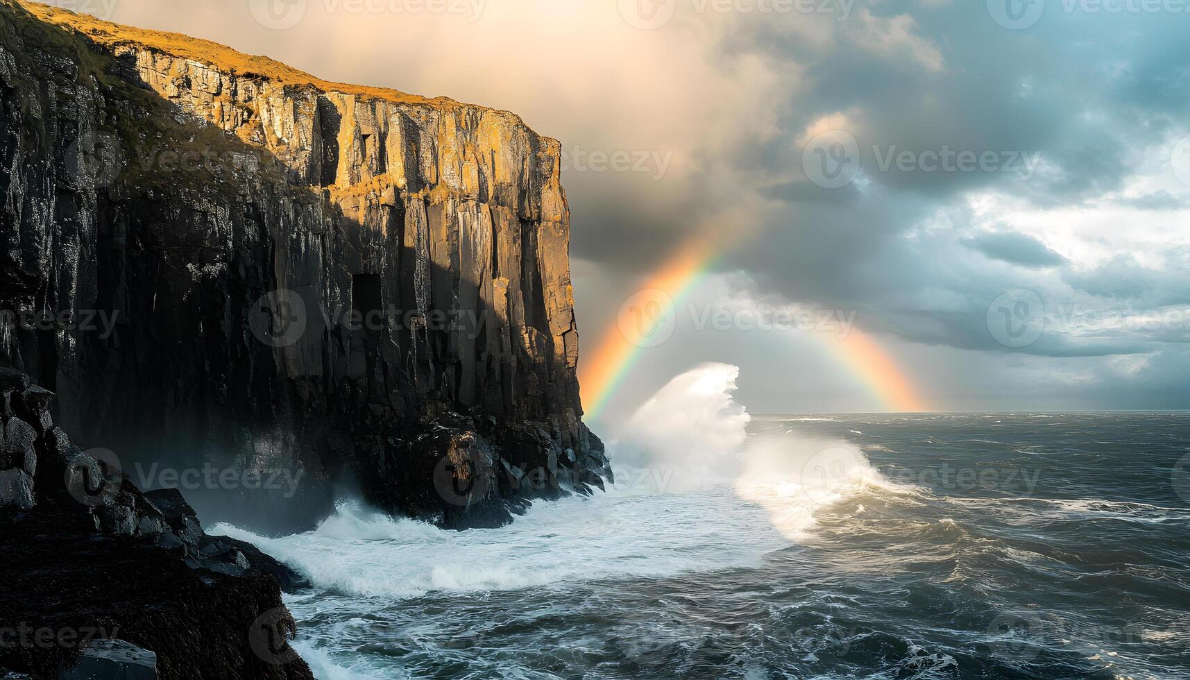 A rainbow is seen over a cliff with waves crashing into it photo