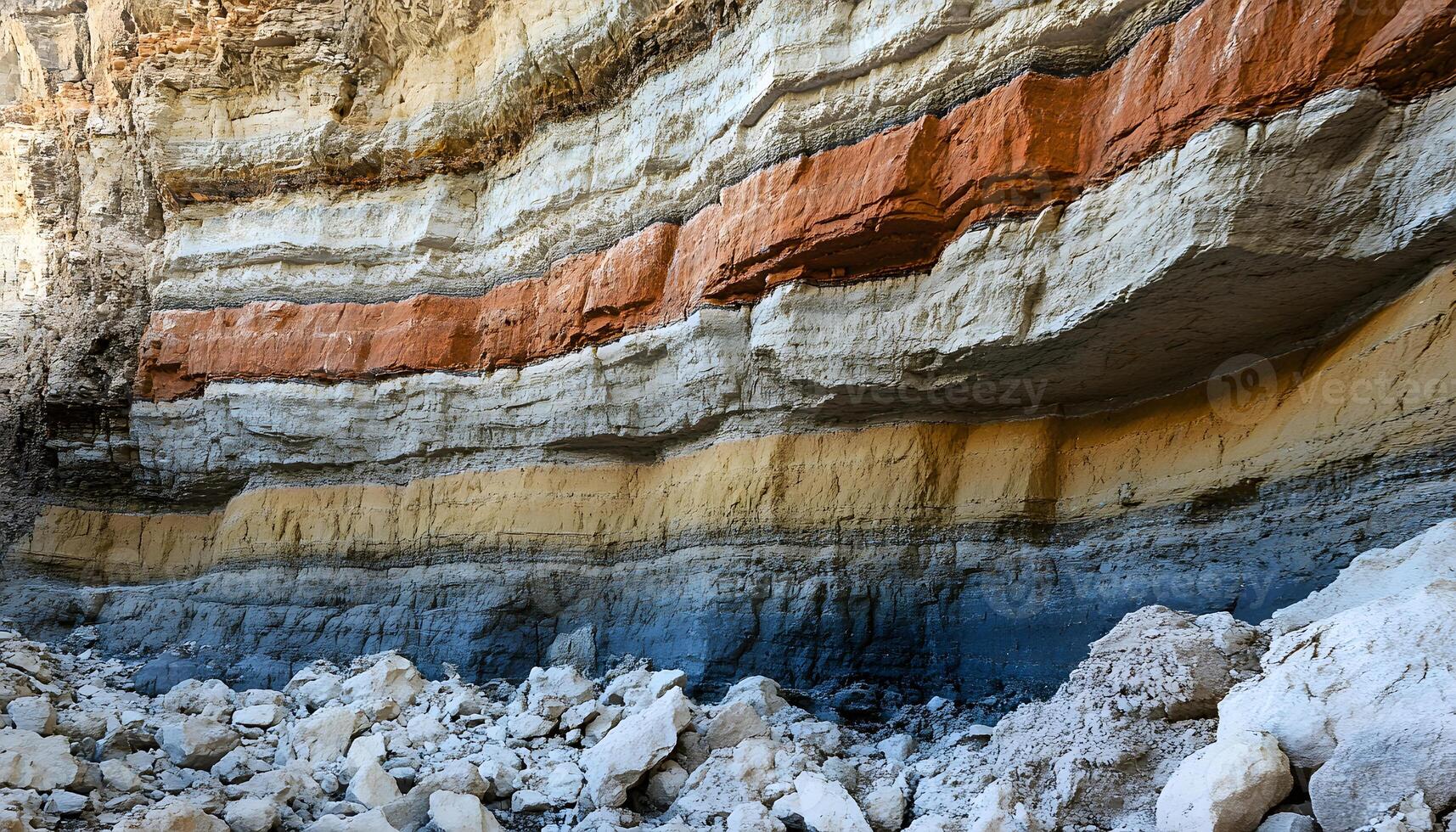 A man standing in front of a cliff with rocks photo