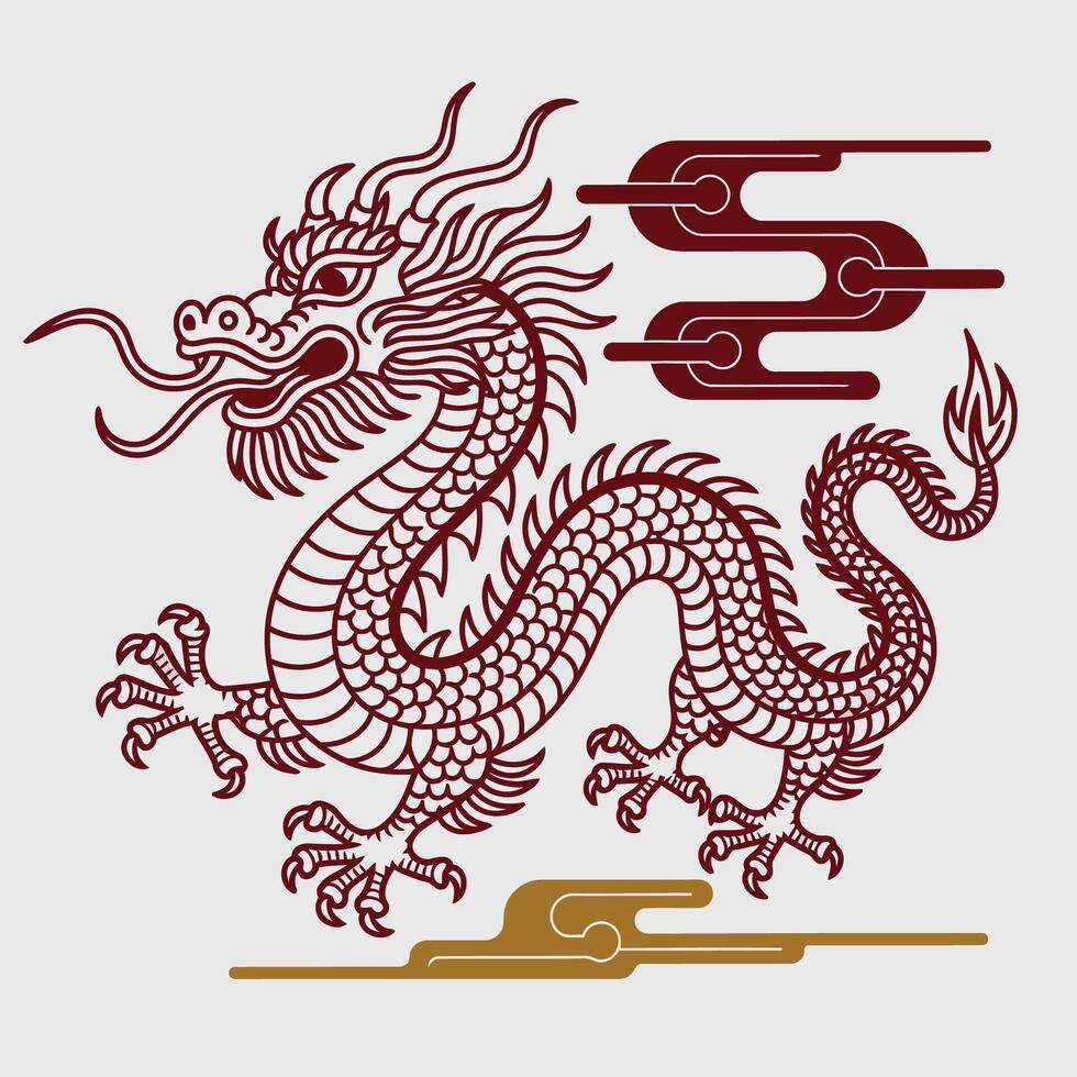 Traditional Chinese Dragon Line Art with Cloud Motifs vector