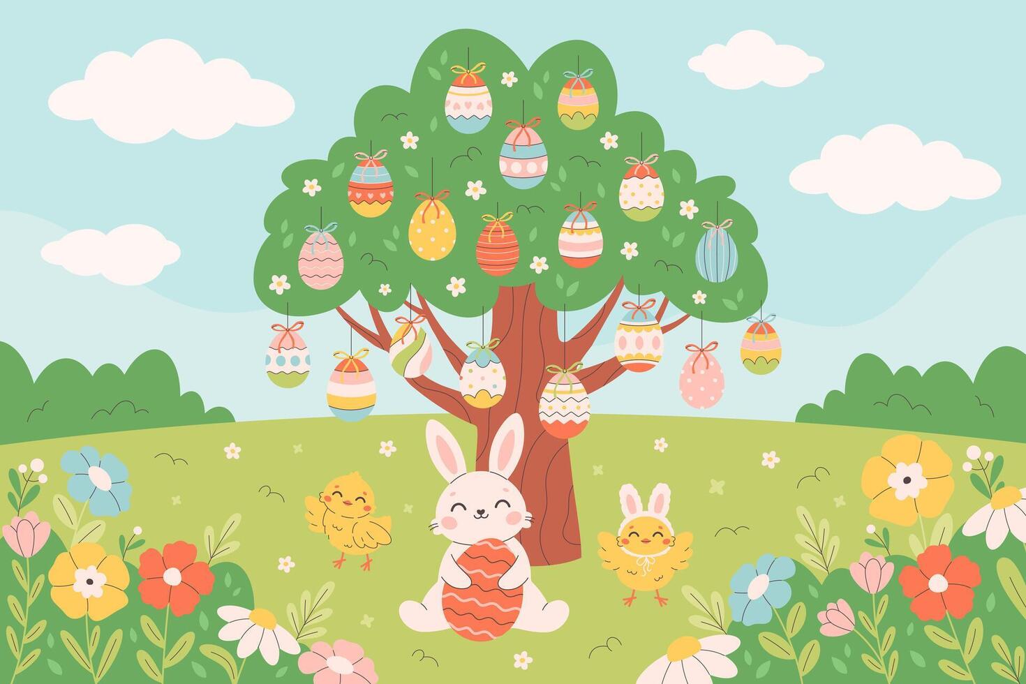 Cute tree with colorful Easter eggs, bunny, chicks on spring meadow. Spring landscape. Design for greeting cards, posters, banners, invitations. vector