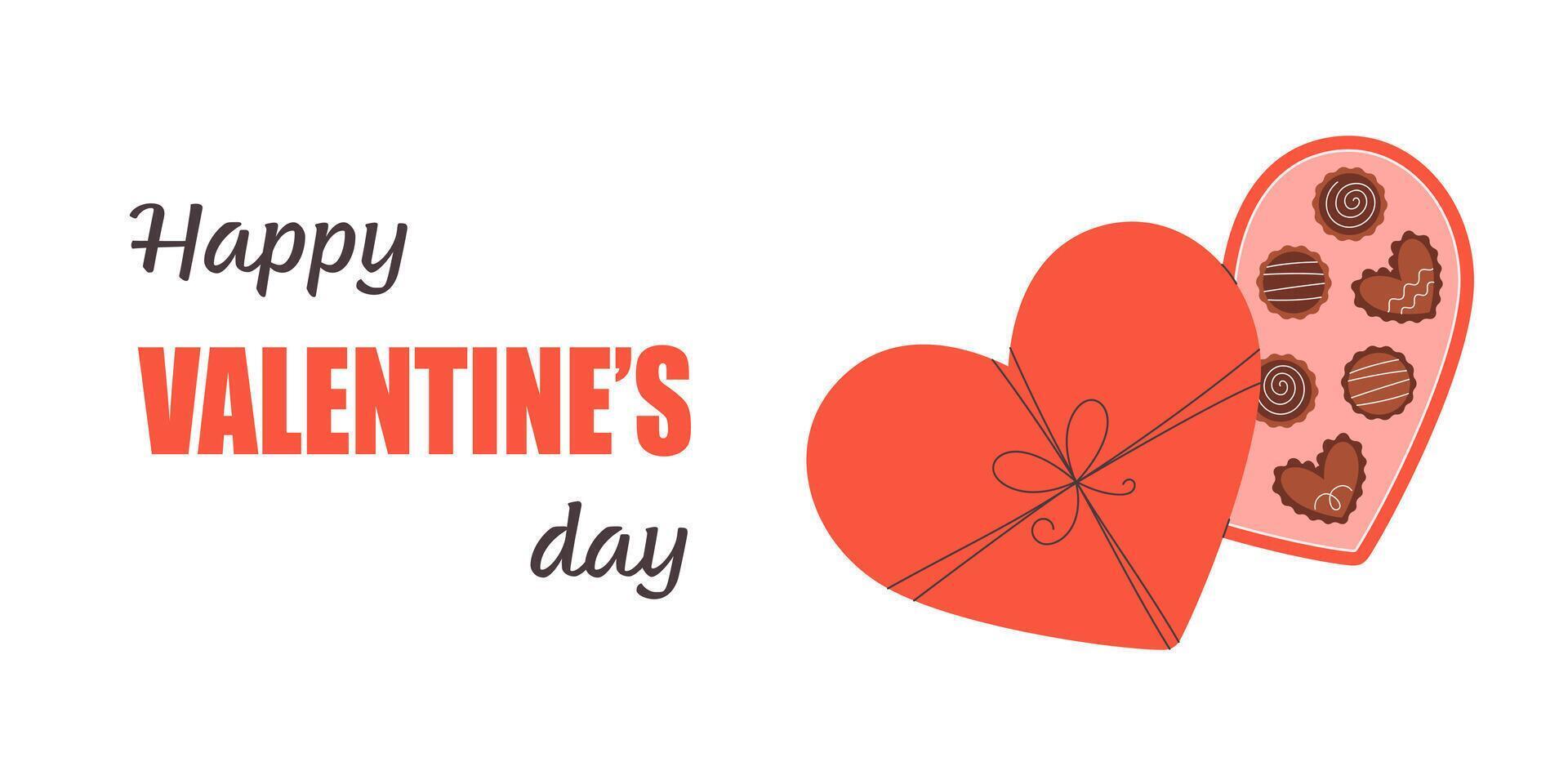 Happy Valentines Day greeting card with chocolate box in heart shape. Perfect for celebration Valentine Day, love couple, romantic gift. vector