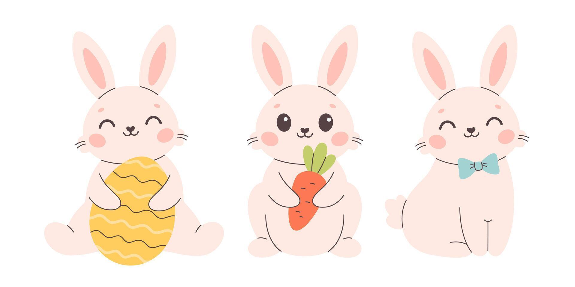 Cute white bunnies with Easter egg, carrot, bow. Happy Easter. Design for greeting cards, posters, scrapbooking, stickers vector